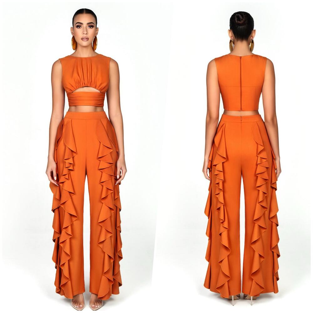 BFYNE | Women | Dara Cascade Ruffle Orange Sleeveless Cropped Top Pant Set | S-M - Picture 13 of 15